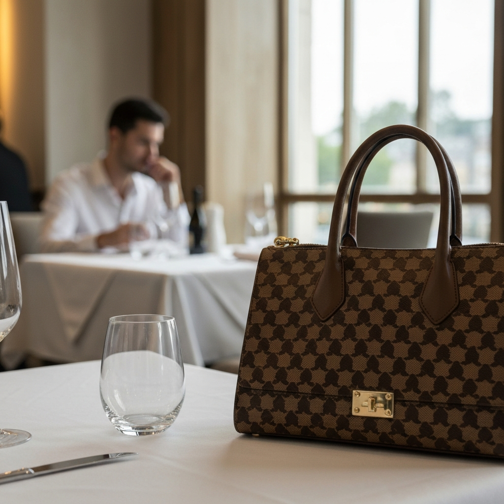 A medium shot of a restaurant table. Soft bokeh in the background reveals a luxurious setting. The focus is on a designer handbag placed prominently on the table, side-lit to highlight its texture and details.