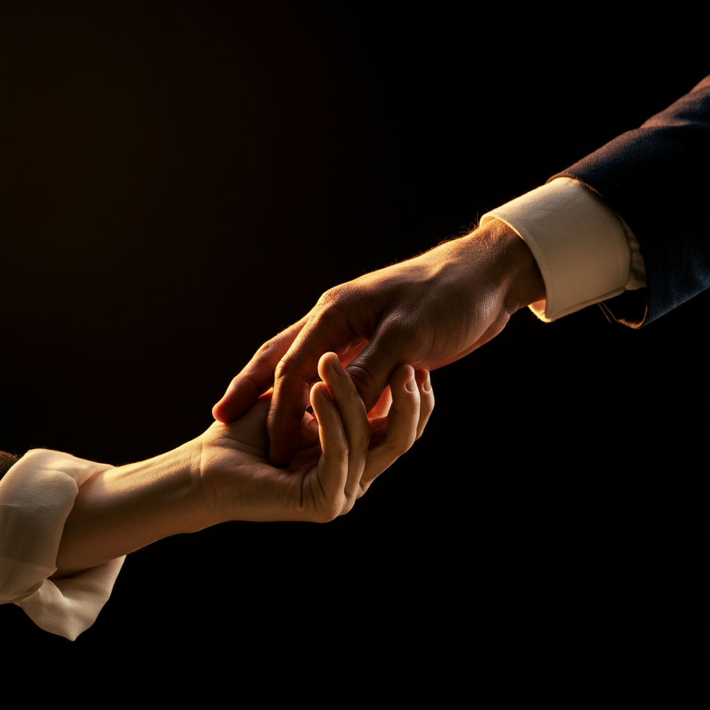 A close-up shot of a hand reaching out to hold another hand. The lighting is warm and inviting, but the focus is on the slight hesitation in the touch, hinting at a lack of genuine connection.