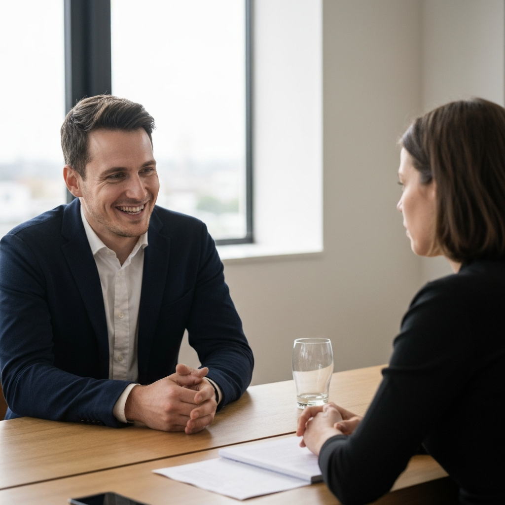 A medium shot of two people sitting across from each other at a table. One person is smiling and engaged, while the other looks blank and uninterested. The scene is naturally lit, highlighting the contrast in their expressions.
