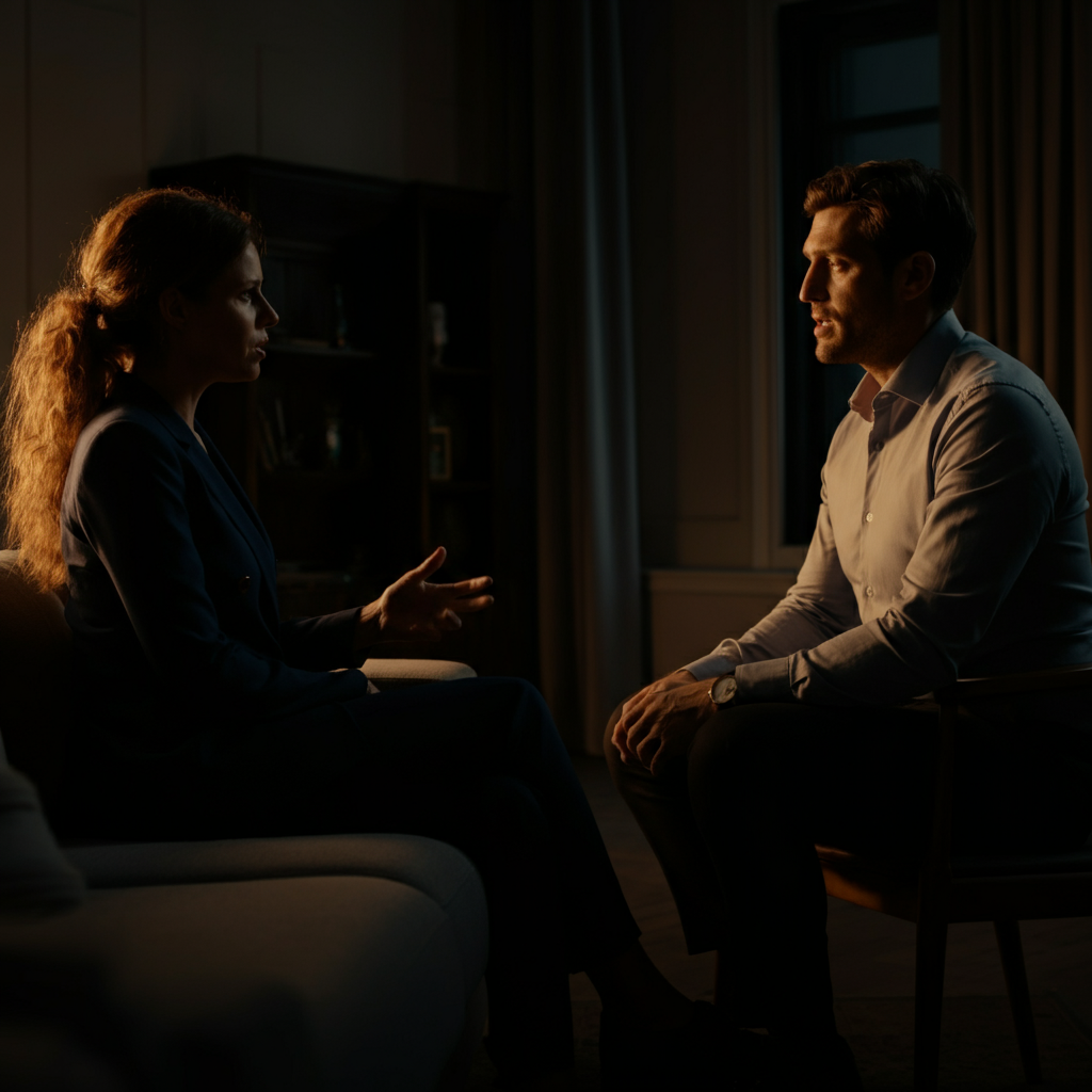A medium shot of two people talking in a living room setting. The lighting is warm and inviting, creating a sense of intimacy and trust.