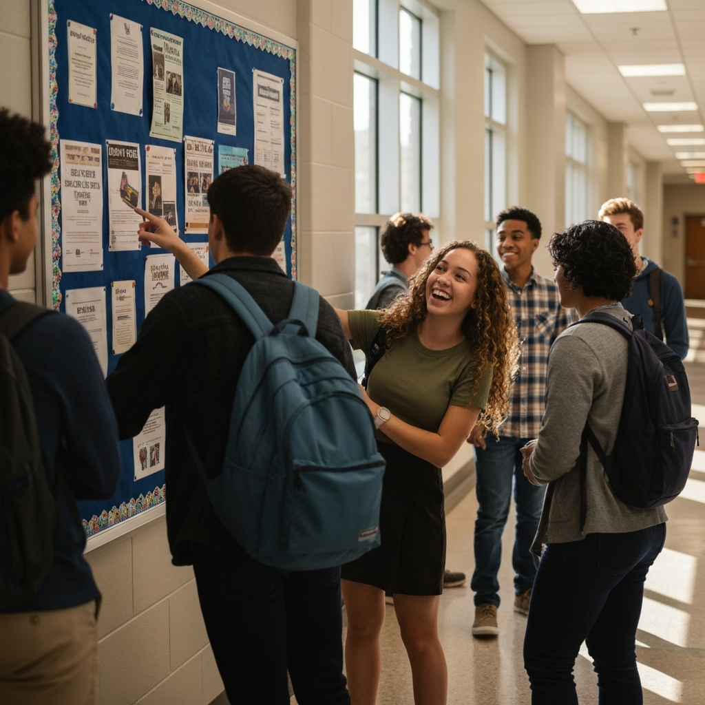 A well-lit high school hallway, with students gathered around a bulletin board showcasing various club announcements. Soft focus on a student smiling as they point at a debate team flyer.