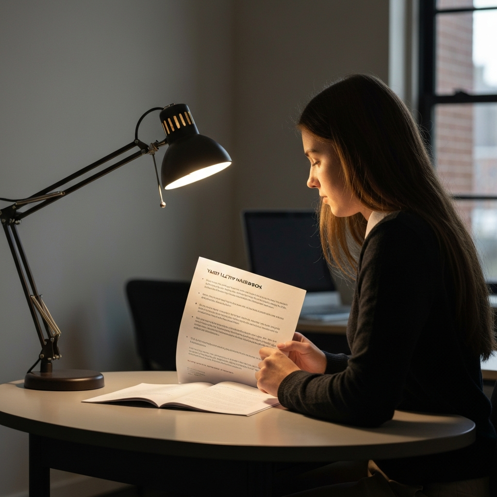A student sitting at a desk, illuminated by a desk lamp, carefully reading a school handbook. The handbook is open to a page detailing varsity letter requirements, with specific bullet points highlighted.