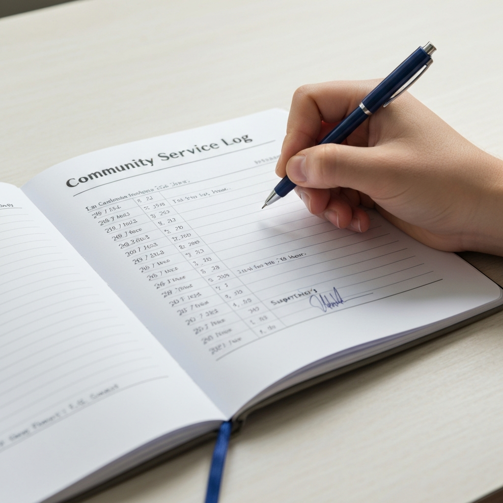 Close-up of a student's hand writing in a neatly organized notebook, titled "Community Service Log." The page contains rows of detailed entries with dates, hours, and a supervisor's signature.