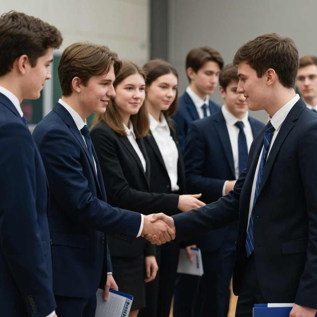 A group of high school students, professionally dressed for a debate competition, shaking hands with their opponents after a round. Their faces show sincere respect and goodwill.