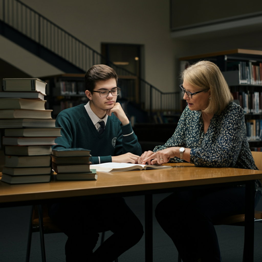 A student sitting at a table in a library, surrounded by books, with a slightly worried expression. A teacher or tutor is sitting next to them, pointing at a textbook and offering guidance.