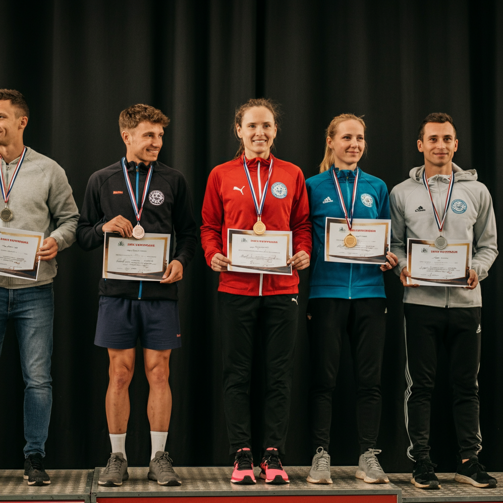 A group of athletes standing on a podium, receiving medals after a competition. The lighting is bright and celebratory, capturing the joy and accomplishment on their faces.