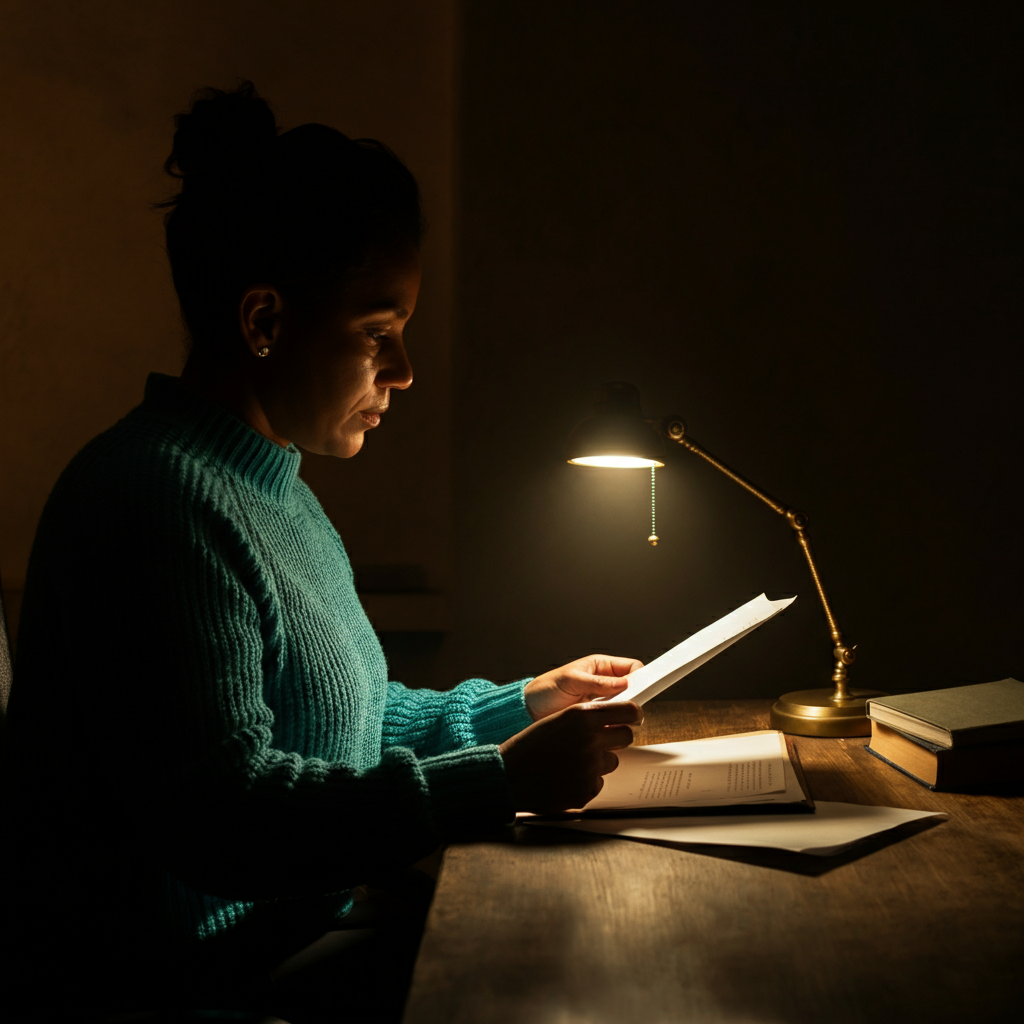 A person sitting at a desk, reviewing a document with a magnifying glass. Warm, diffused light from a lamp illuminating the document.
