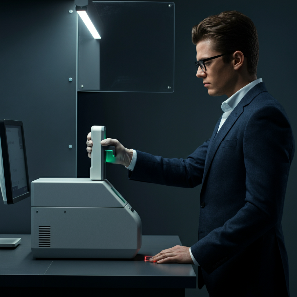 A person having their fingerprints scanned at a modern, well-lit government service center. The fingerprint scanner is in focus, with soft focus on the person's face.