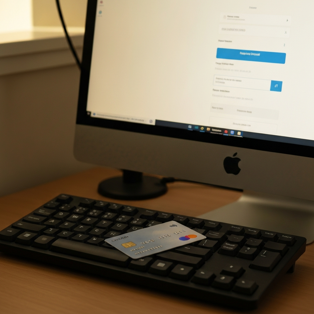 A credit card resting on a keyboard next to the computer screen displaying an online payment page. Golden hour lighting creating soft shadows.