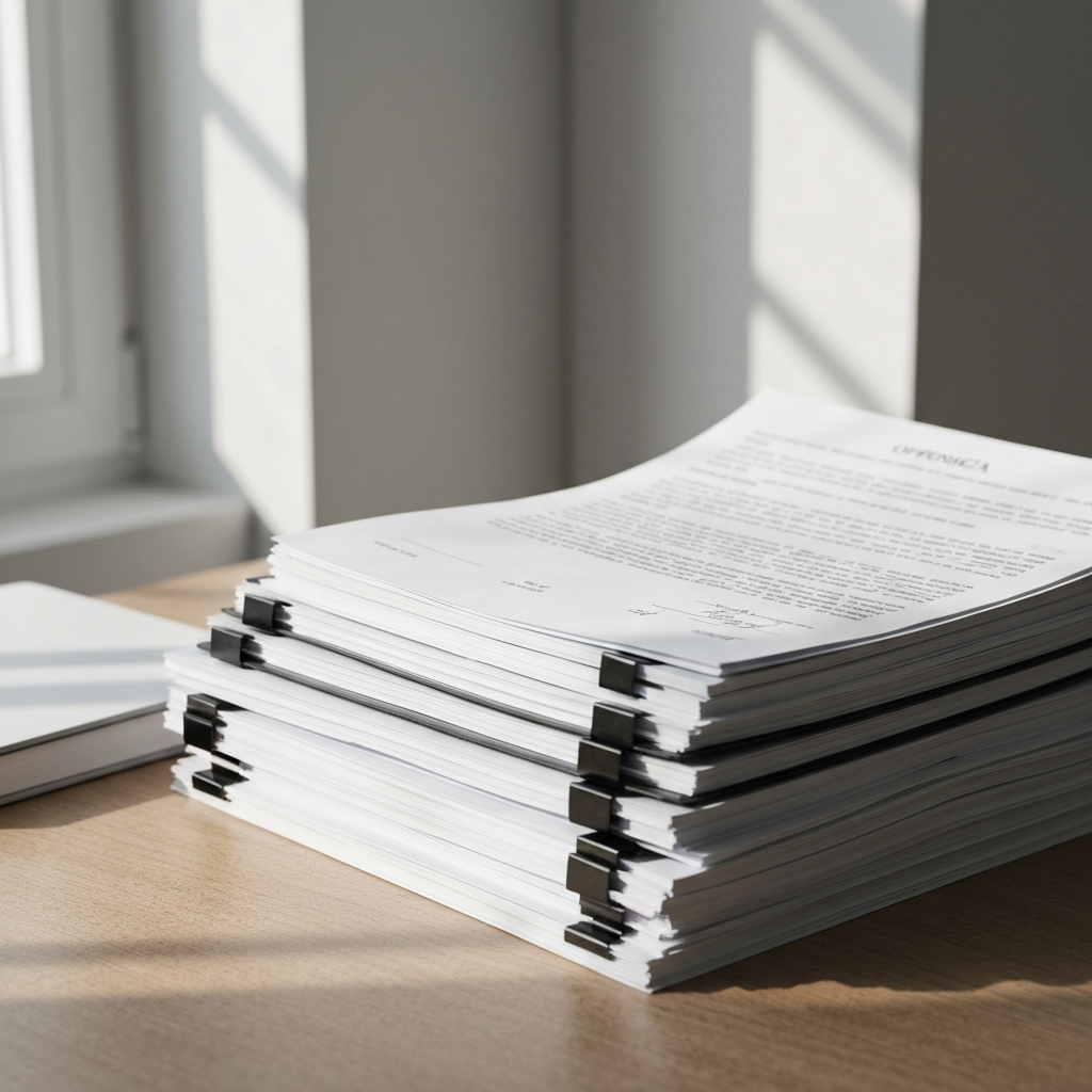 A neatly organized stack of official documents on a desk. The documents are arranged by type, with clips holding them together. Natural window light with side-lit textures.