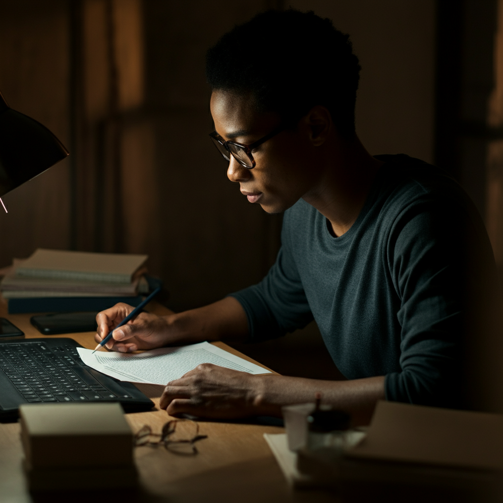 A translator working at a desk, reviewing a document with both English and a foreign language text. Soft, overhead lighting and a focused expression.