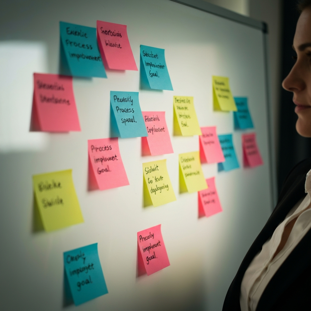A close-up of a whiteboard covered in colorful sticky notes, each labeled with a specific process improvement goal. Soft, diffused lighting illuminates the board.