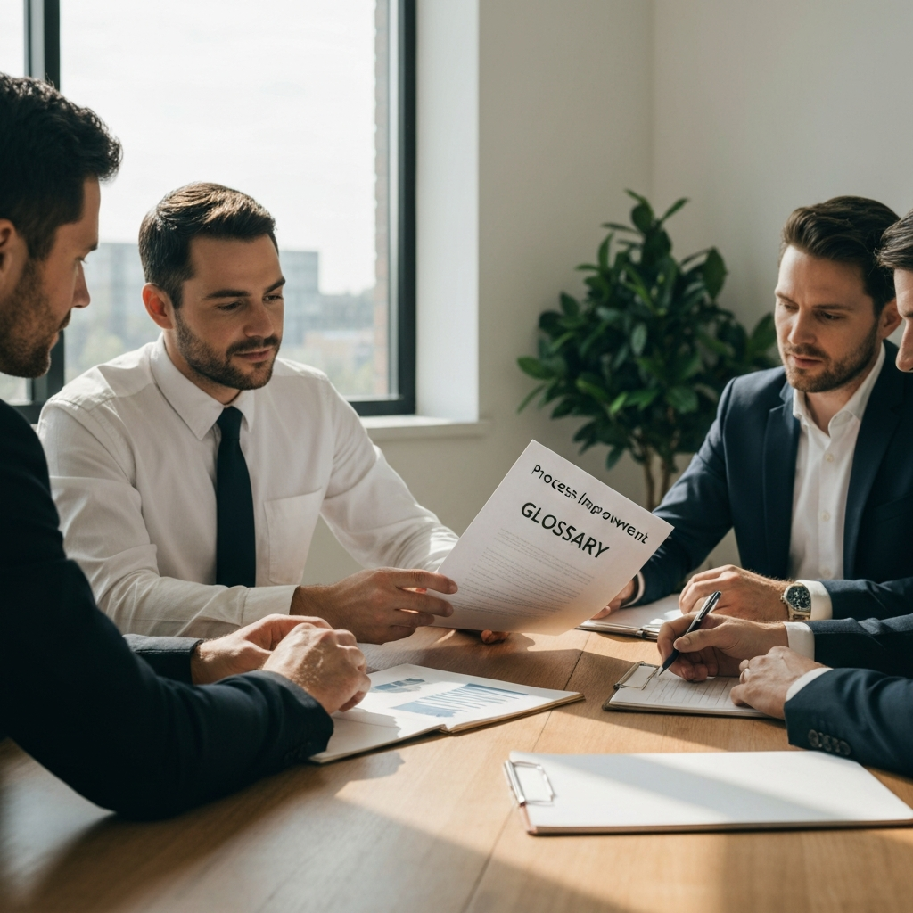 A team of professionals sitting around a conference table, reviewing a document labeled "Process Improvement Glossary." Natural light streams through the window, highlighting the texture of the wood tabletop.