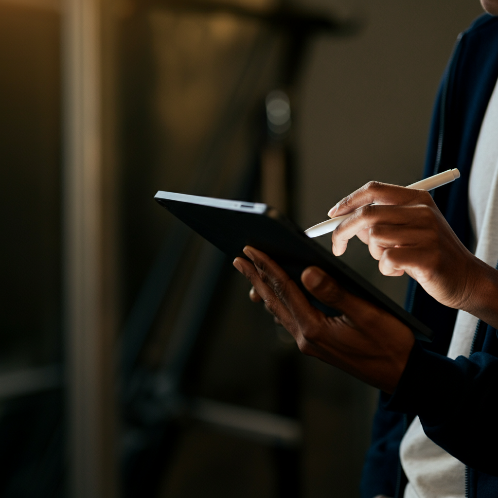 An employee using a digital tablet to conduct a customer satisfaction survey. Soft focus on the background, emphasizing the employee's focused expression.