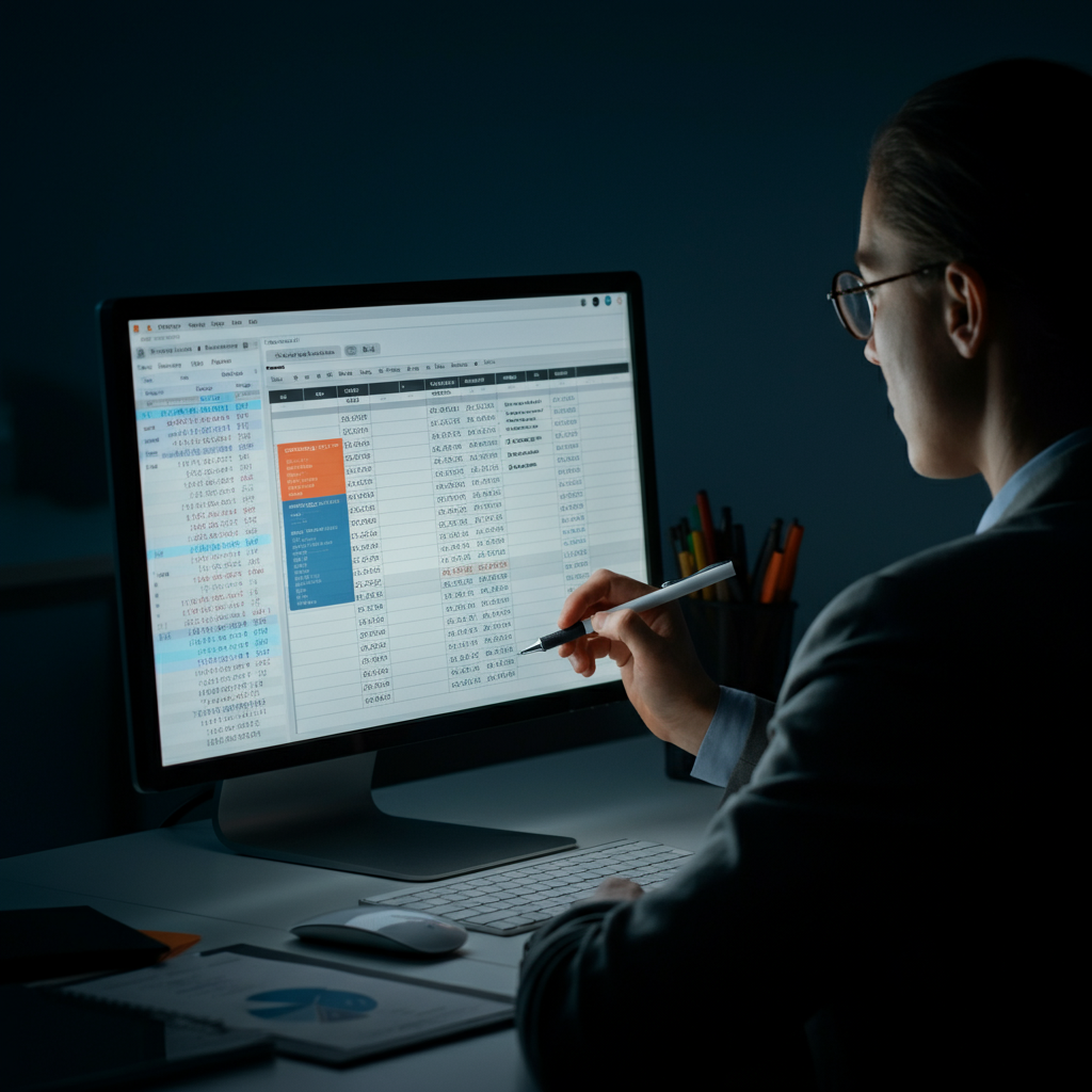 A spreadsheet displayed on a large monitor, with highlighted cells showing standardized rounding rules for calculations. The monitor's glow illuminates the face of a data analyst reviewing the numbers.