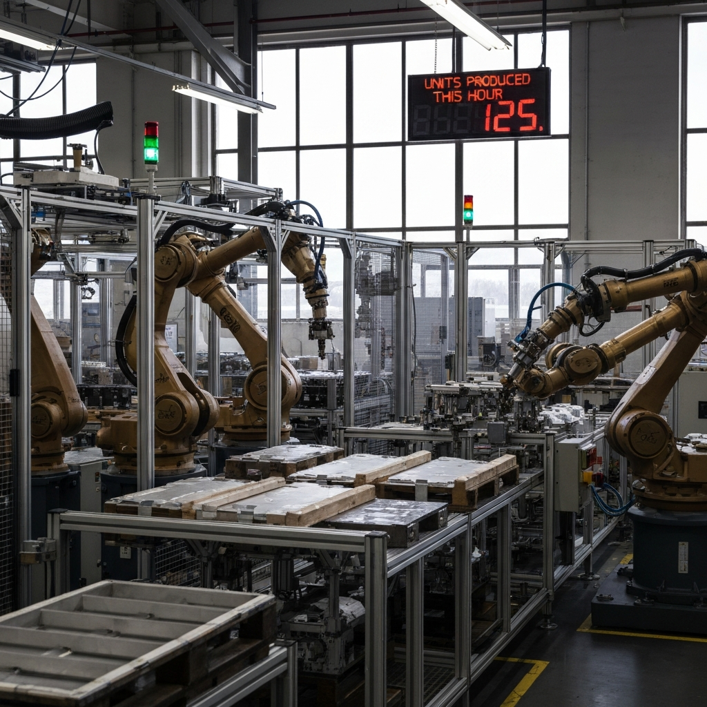 A factory floor with robotic arms assembling products. The scene is side-lit, emphasizing the metallic texture of the machinery. A digital display shows "Units Produced This Hour: 125".