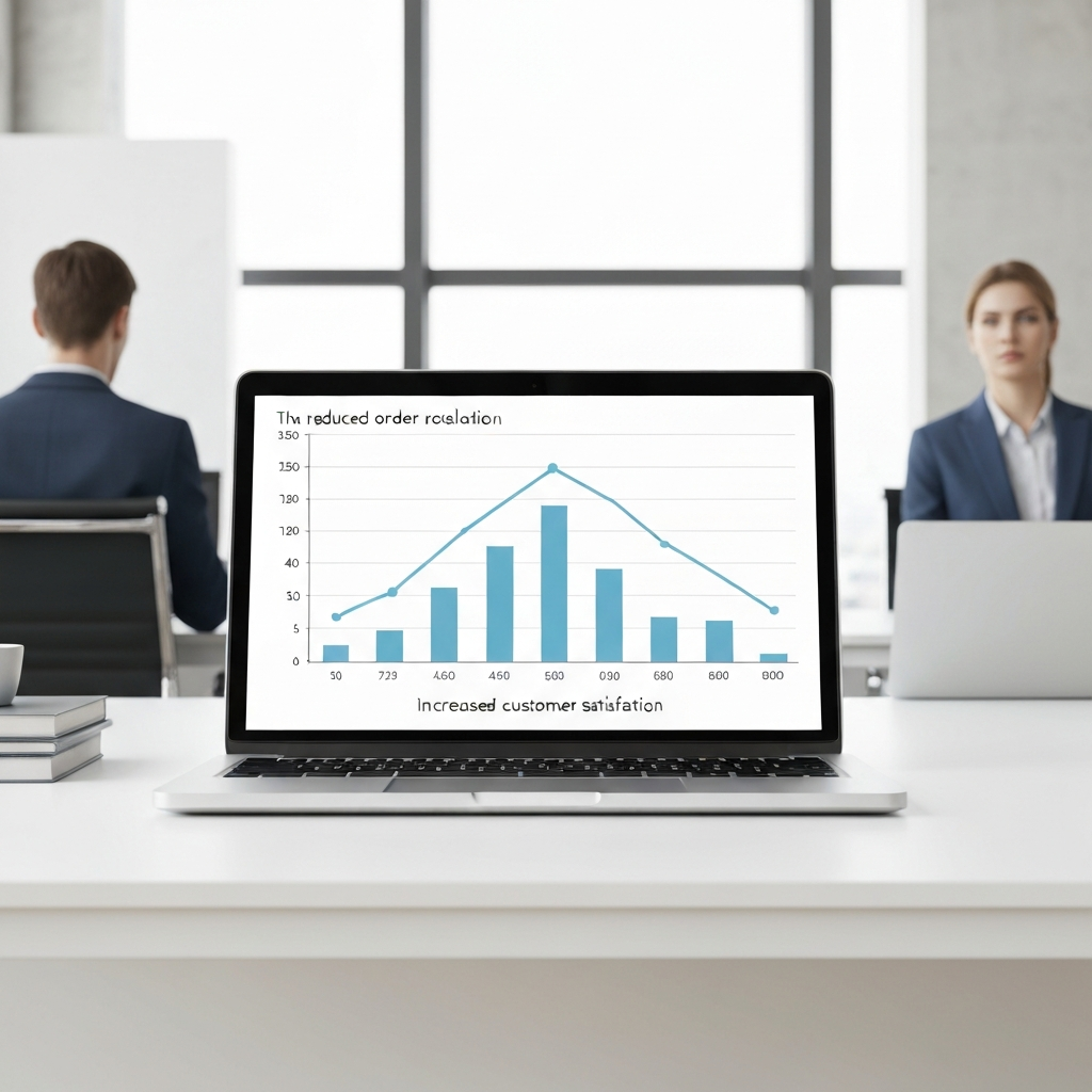 A graph showing a positive correlation between reduced order processing time and increased customer satisfaction. The graph is displayed on a laptop screen in a brightly lit office.