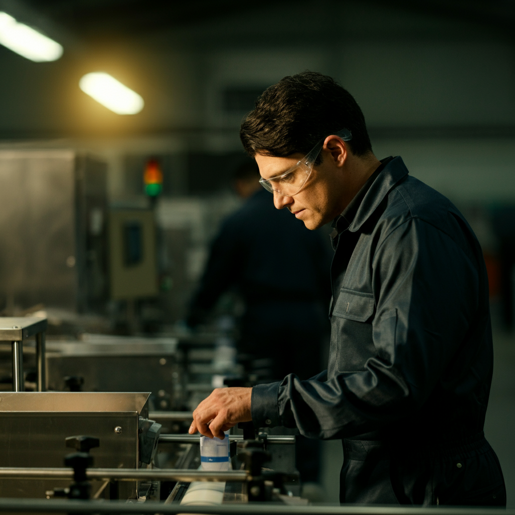 A quality control inspector examining a product on a conveyor belt. Soft bokeh in the background, highlighting the inspector's focused attention.