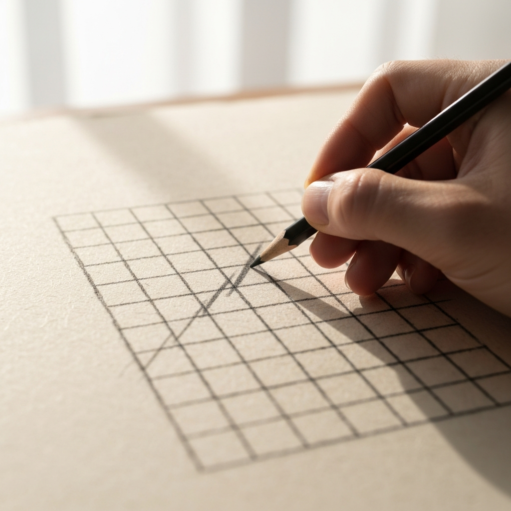 Close-up shot of a hand drawing a 5x5 grid on graph paper with a fine-point black pen. Soft, diffused light from a window illuminates the paper, highlighting the texture of the paper fibers. The hand is wearing a simple silver ring.