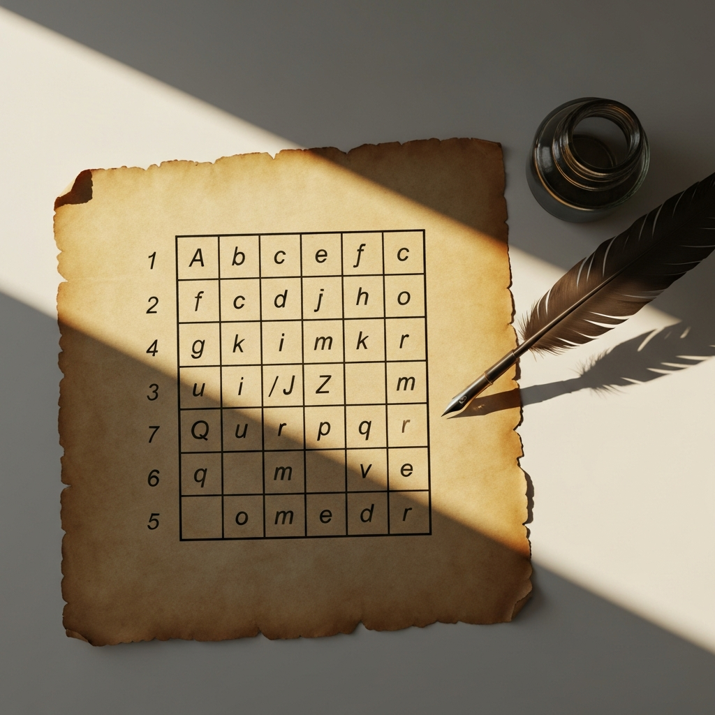 Top-down shot of a completed Polybius Square drawn on aged parchment paper. The numbers 1-5 are neatly written above the columns and to the left of the rows. The letters A-Z (with I/J combined) fill the cells. A vintage inkwell and quill sit beside the parchment, bathed in warm, golden-hour lighting.