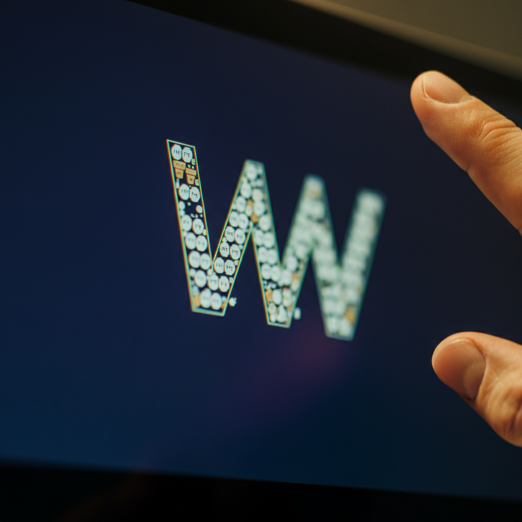 A close-up of fingers pointing to the letter "W" in a Polybius Square on a computer screen. The screen is slightly blurred in the background, creating a soft bokeh effect. The fingers are clean and well-manicured.