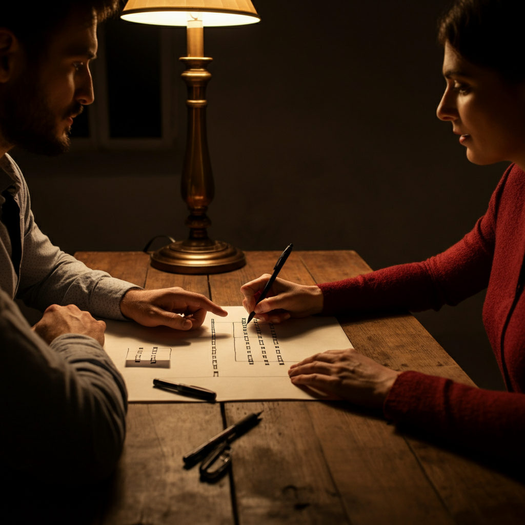 Two people sitting at a wooden table, working together to decode a message written on a piece of paper. One person is pointing at the Polybius Square, while the other is writing down the decoded letters. The room is lit by a warm lamp, creating a cozy atmosphere.