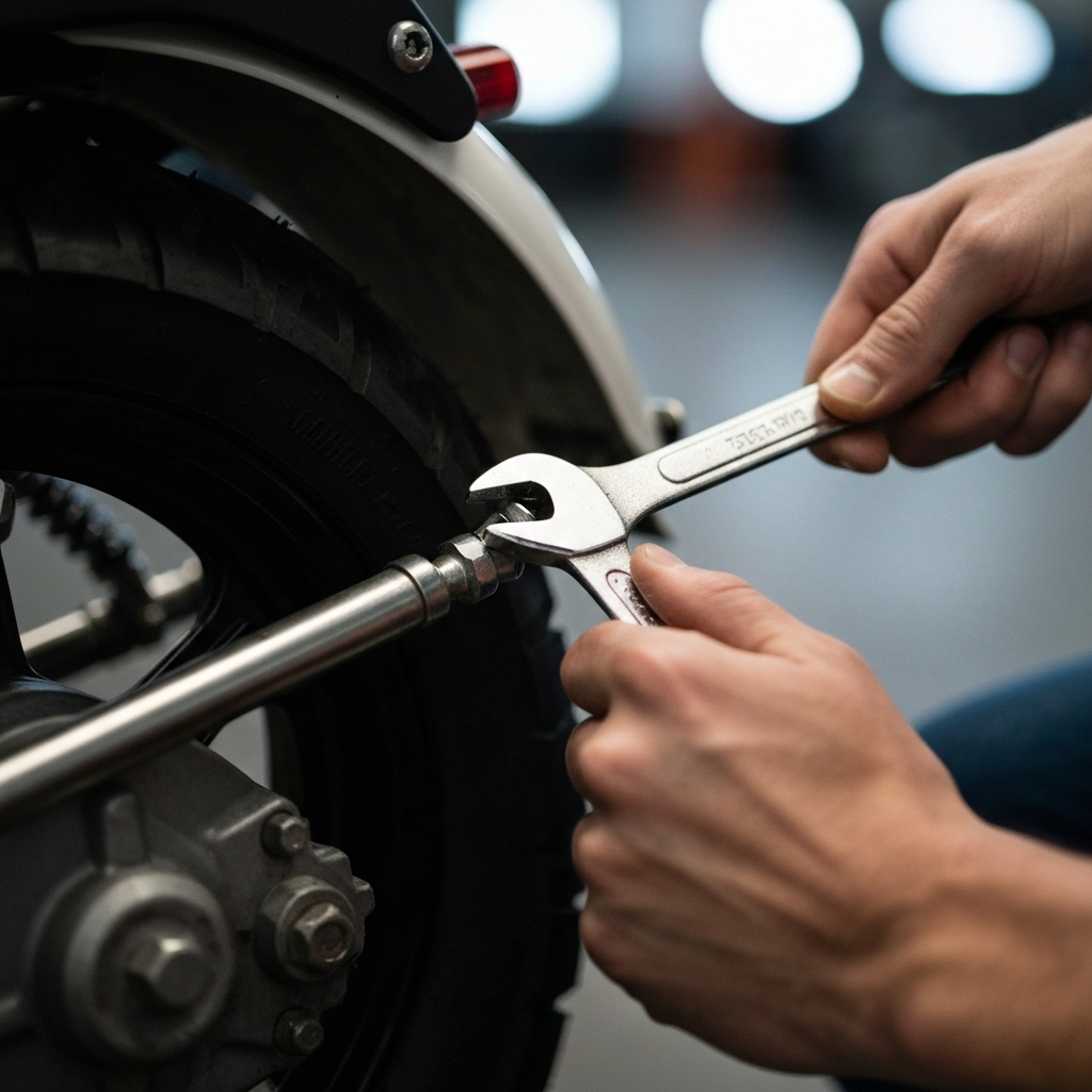 Close-up shot of hands using a wrench to remove a bolt from the rear fender of a minibike in a well-lit garage. Soft bokeh in the background.