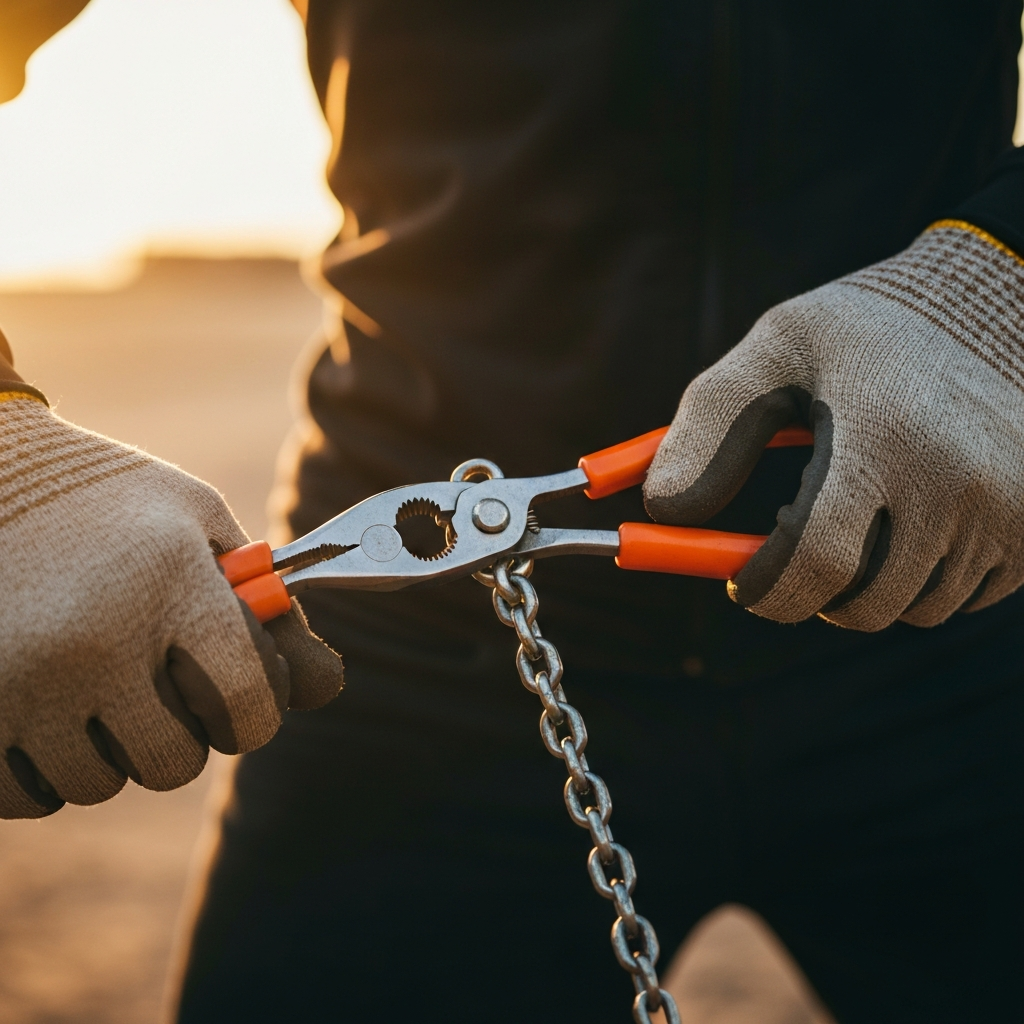 Close-up of needle-nosed pliers removing a master link clip from a chain. Hands are visible, wearing work gloves. Shallow depth of field focuses on the tool and chain.