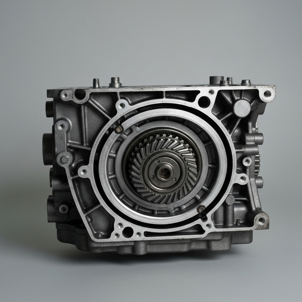 An engine block with the gear reduction unit removed. The surrounding area is clean and organized. The engine block has a slightly textured, metallic appearance.
