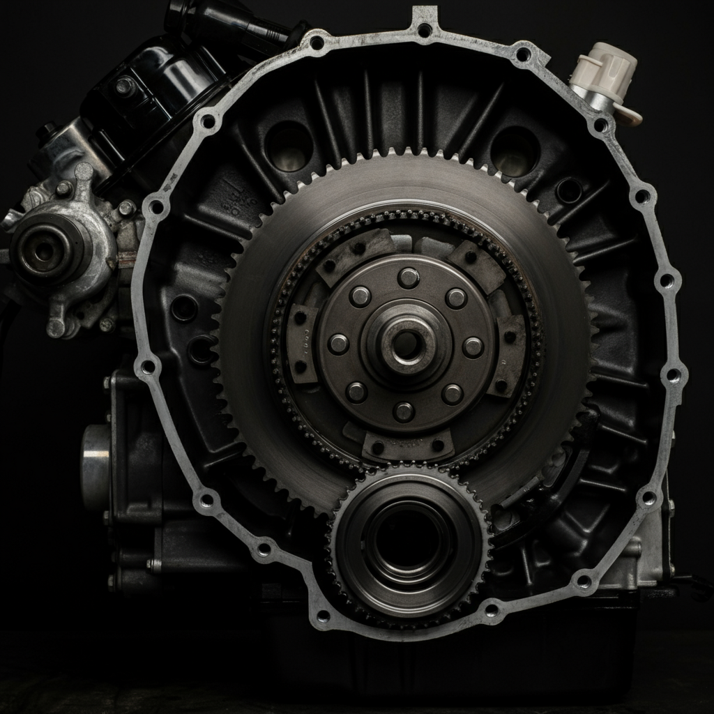Side view of an engine with the clutch reinstalled, showing the sprocket facing the motor. The background is blurred to emphasize the engine component.