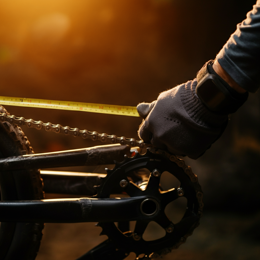 Close-up of a chain being measured around two sprockets. A measuring tape is visible, held by gloved hands. Warm, natural light fills the frame.