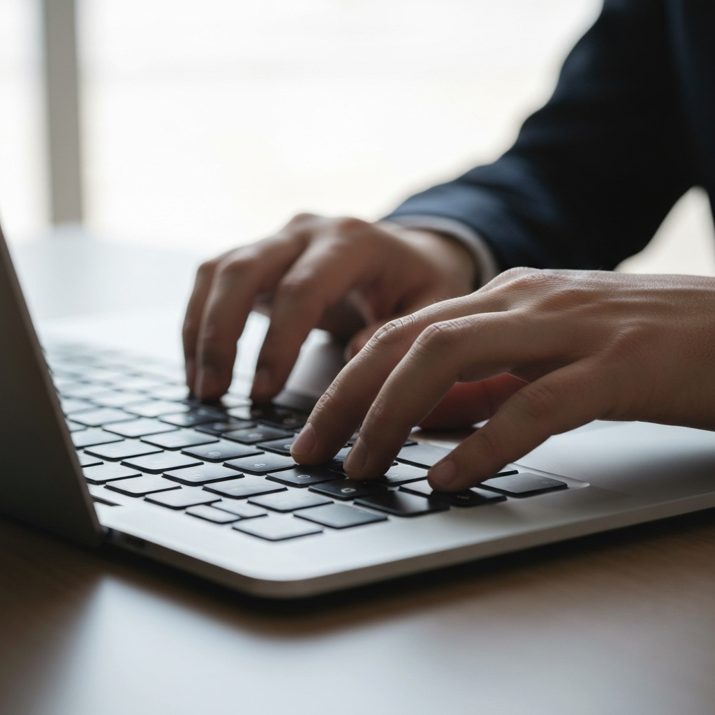 A pair of hands typing on a laptop keyboard. The keyboard is modern and sleek, with shallow depth of field to focus on the fingers pressing "Ctrl+Shift+N." The ambient light is soft and warm, creating a professional yet approachable feel.