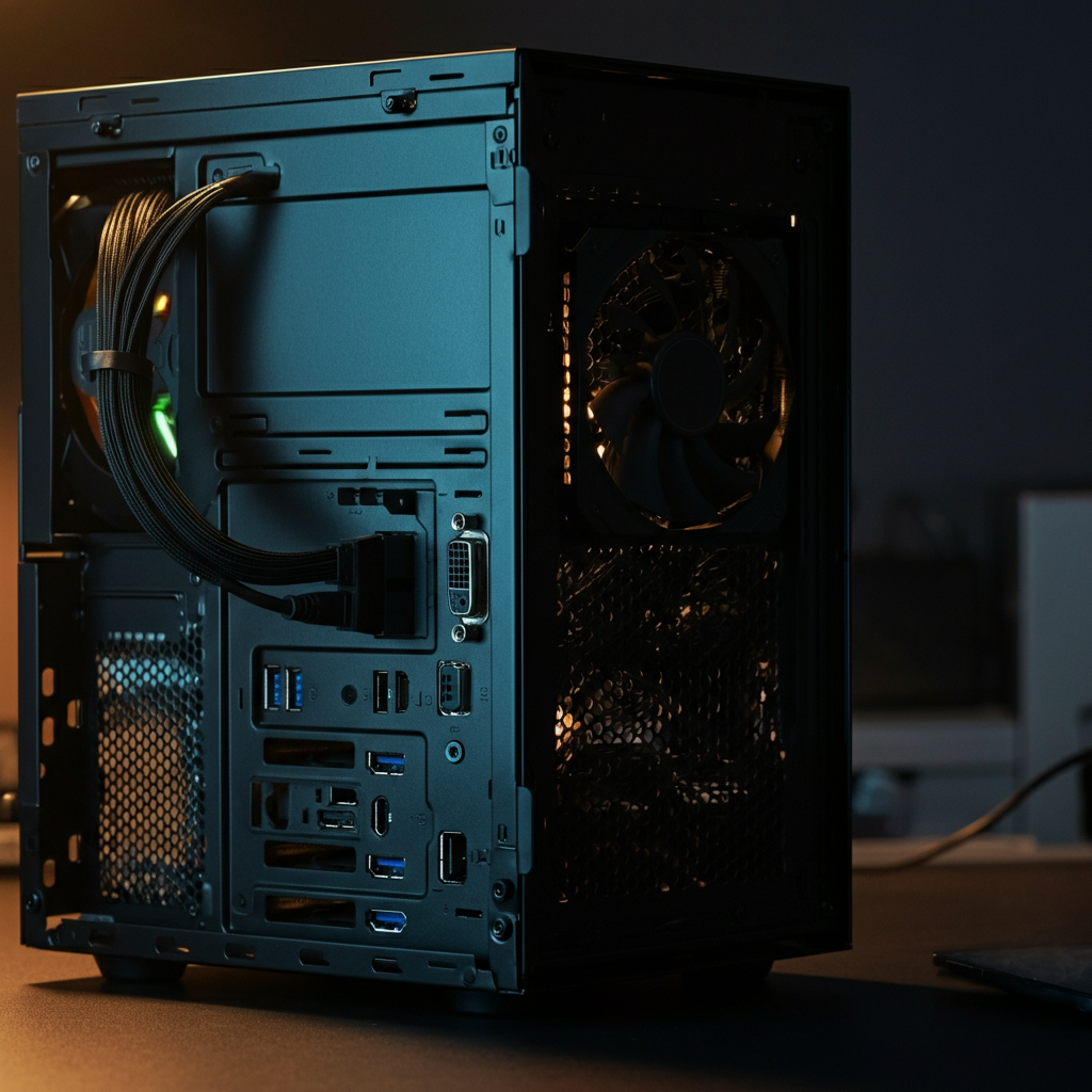 A medium shot of the back of a desktop computer, focusing on the graphics card and the surrounding ports. The lighting is dramatic, with side lighting emphasizing the textures and details of the hardware. The background is a dimly lit, organized workspace.