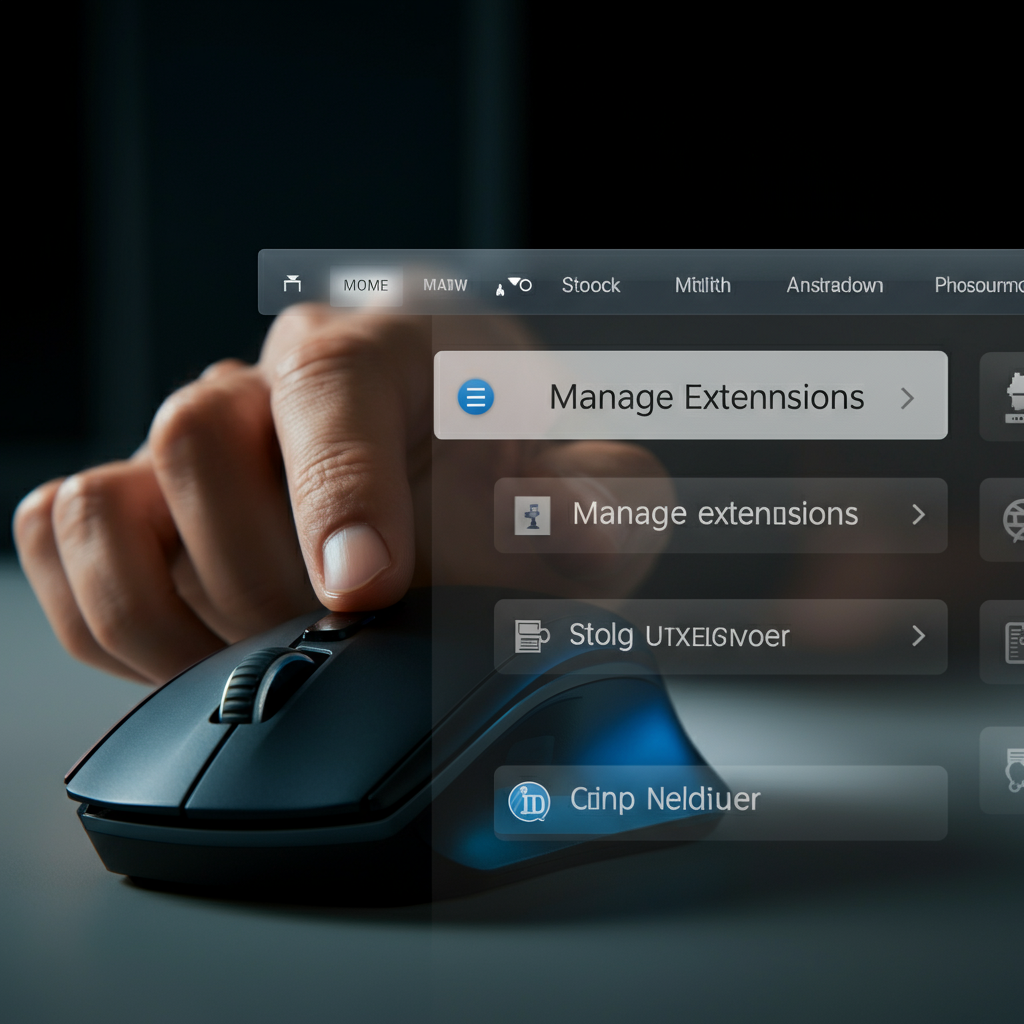 A person's hand hovering over a computer mouse, about to click on the "Manage extensions" option in a browser menu. The lighting is bright and even, casting a clear reflection on the glossy surface of the mouse. The background is a clean, modern workspace.