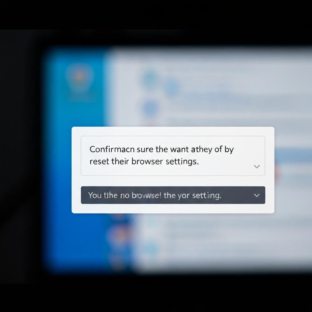 A close-up shot of a confirmation dialog box on a computer screen, asking the user if they are sure they want to reset their browser settings. The lighting is focused and bright, highlighting the text in the dialog box. The background is blurred, suggesting a busy computer desktop.