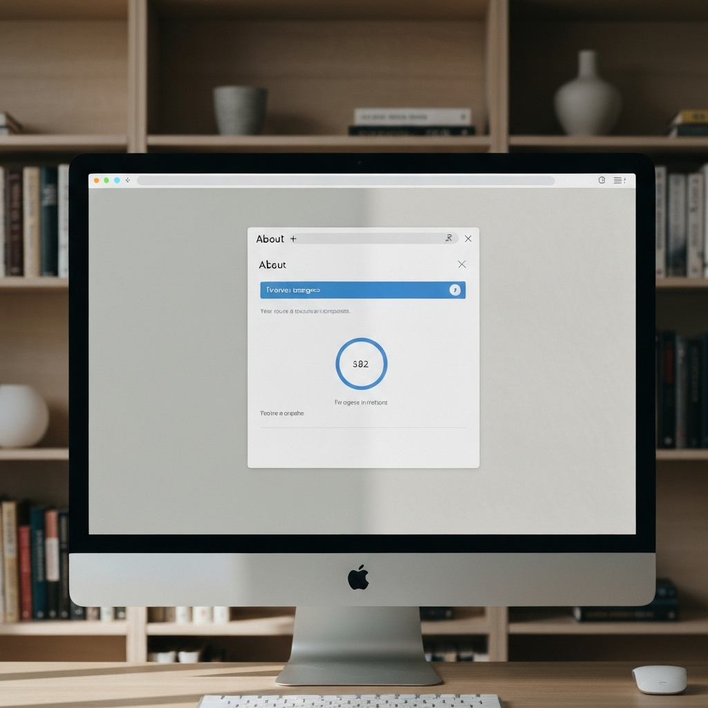 A computer screen displaying the "About" page of a web browser, showing the version number and a progress bar indicating that an update is in progress. The lighting is soft and natural, creating a calming and informative atmosphere. The background is a blurred image of a bookshelf.