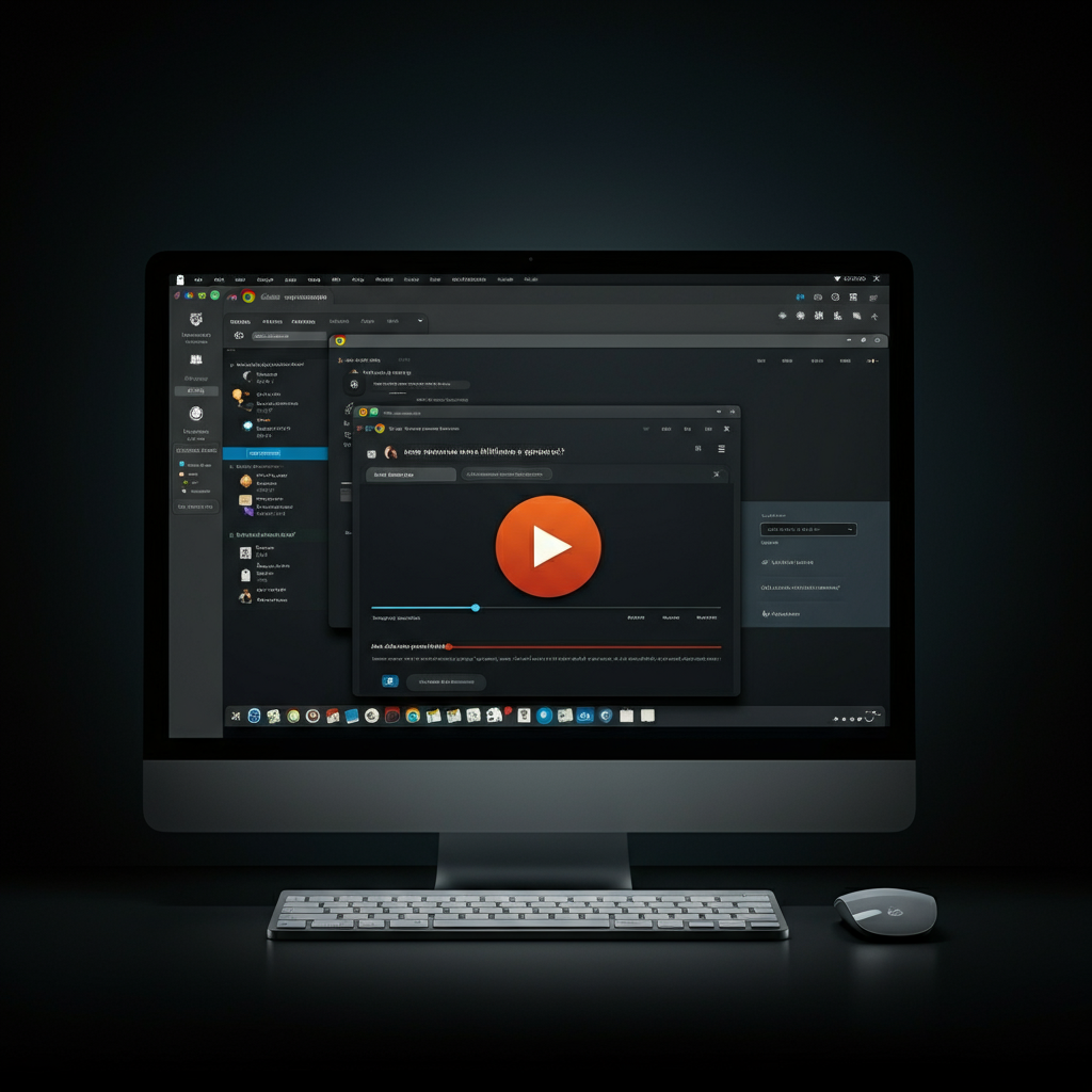 A split-screen view showing multiple web browsers (Chrome, Firefox, Edge) open on a computer screen, each displaying the same video. The lighting is even and balanced, showcasing the different interfaces of the browsers. The background is a clean and uncluttered computer desktop.