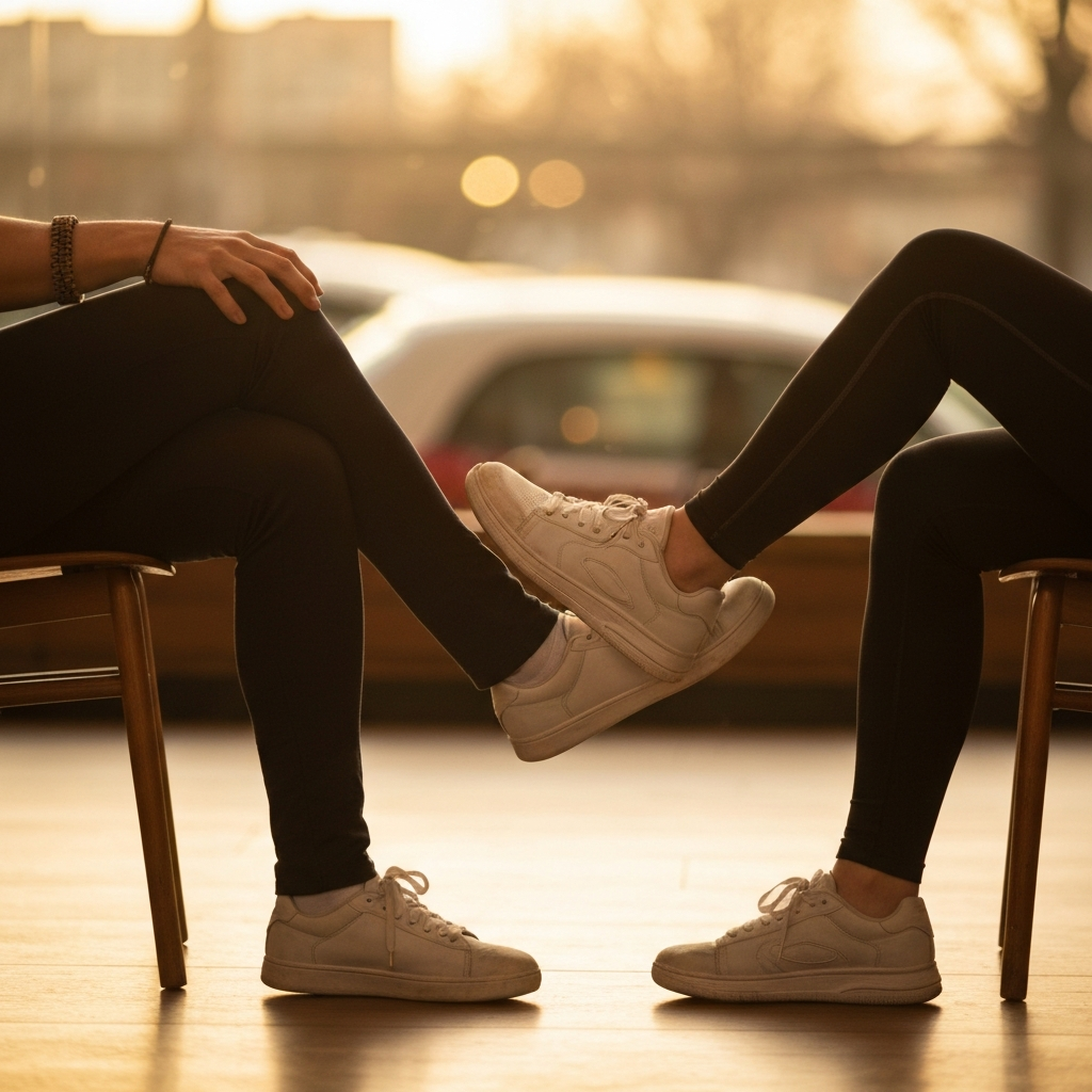 Two people sitting across from each other in a cafe, legs casually crossed. One person's upper leg is angled toward the other. Soft bokeh creates a pleasant background. Golden hour lighting.