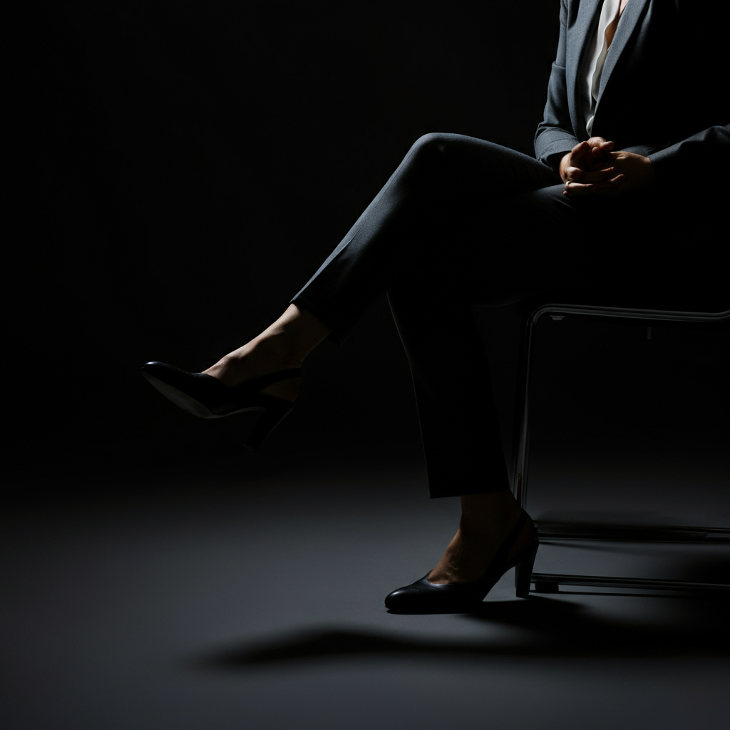 Side profile of a person sitting in a chair, engaged in a conversation. Their legs are uncrossed, but their expression shows subtle tension. The focus is on their legs, preparing to cross.