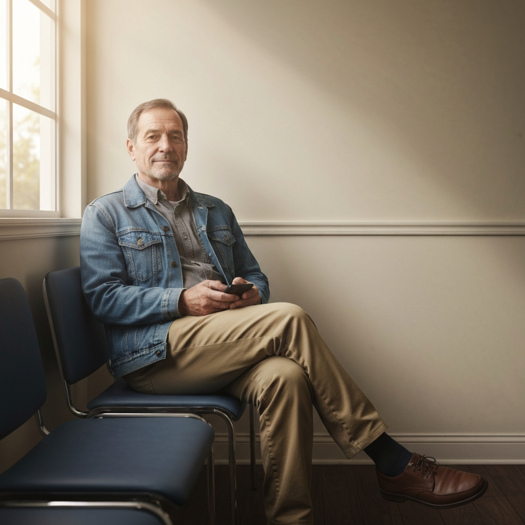 A medium shot of a person sitting in a waiting room, legs crossed. Their facial expression is neutral, but their hands are fidgeting with their phone. The scene is lit with soft, natural light, creating a sense of quiet anticipation.