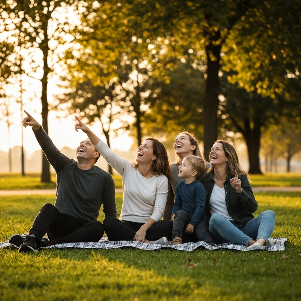 Golden hour lighting bathes a family of four sitting on a checkered blanket in a grassy park. They are laughing and pointing up at the sky, presumably at the clouds. The background is slightly blurred, showcasing trees with leaves rustling in a gentle breeze. The light is warm and inviting.