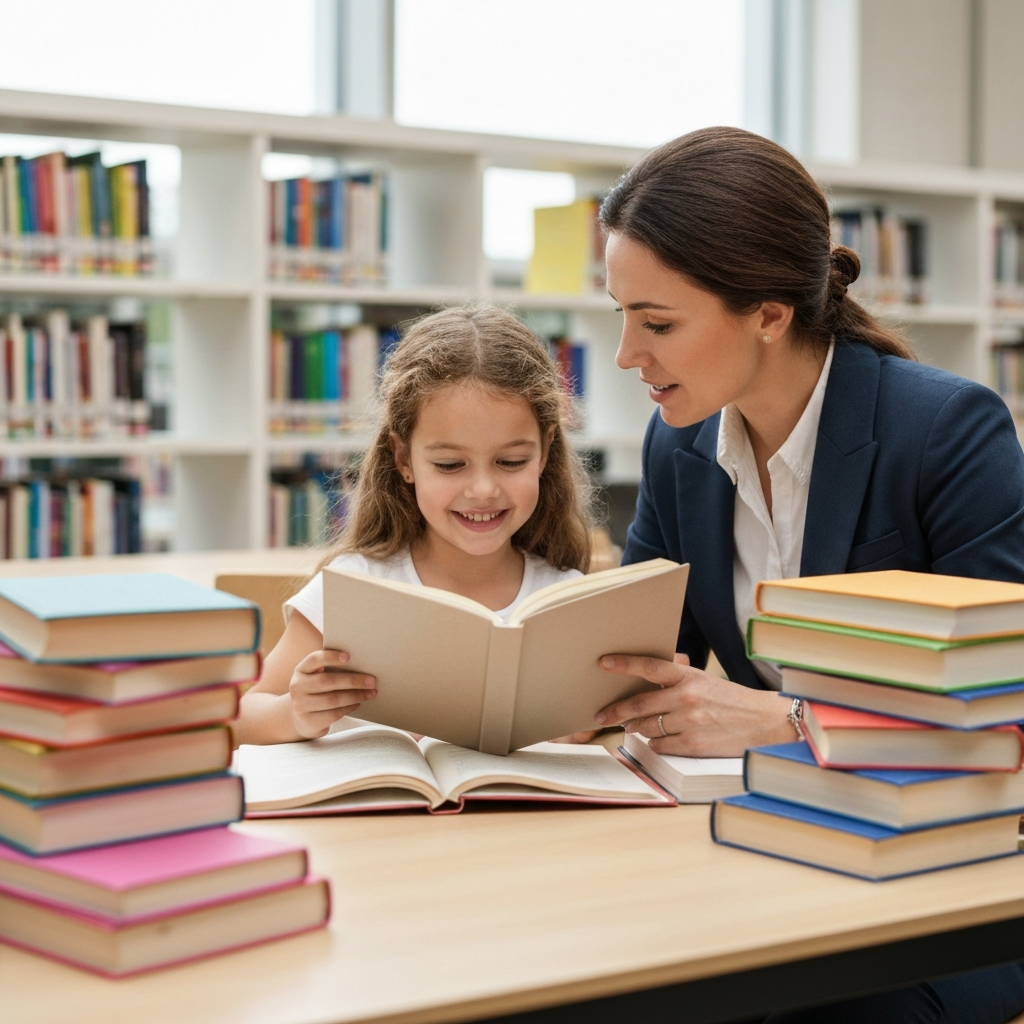 A sun-drenched, bright public library. A mother and daughter are sitting at a table, surrounded by stacks of colorful books. The daughter is holding a book open, pointing at the pages with a smile. The mother is leaning in, listening intently.