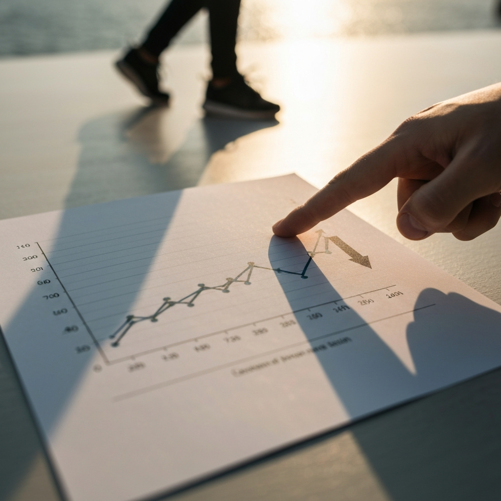 An eye-level shot of a line graph displaying upward and downward trends. The graph is printed on a high-quality paper and partially obscured by a hand pointing towards a positive trend. Soft, even lighting illuminates the graph.