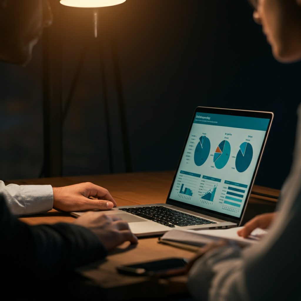 A side-lit scene featuring two people in business casual attire sitting at a conference table, reviewing data on a laptop screen. The focus is on the screen showing charts comparing different companies. The lighting is warm and inviting.