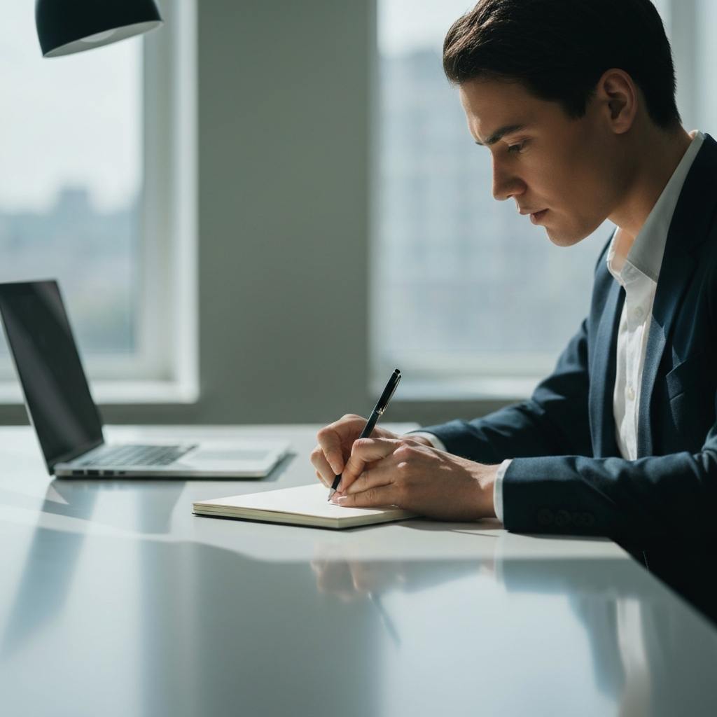 A person thoughtfully writing in a notepad at a clean, modern desk with a blurred laptop in the background, bathed in soft, natural light.