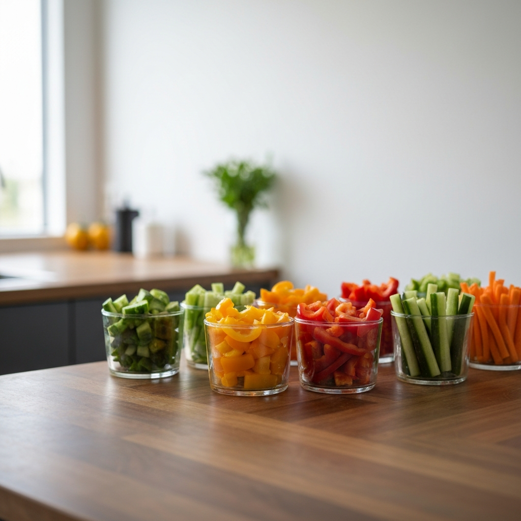 A close-up shot of colorful chopped vegetables (bell peppers, cucumbers, carrots) neatly arranged in glass containers on a wooden countertop, side-lit to highlight their textures.