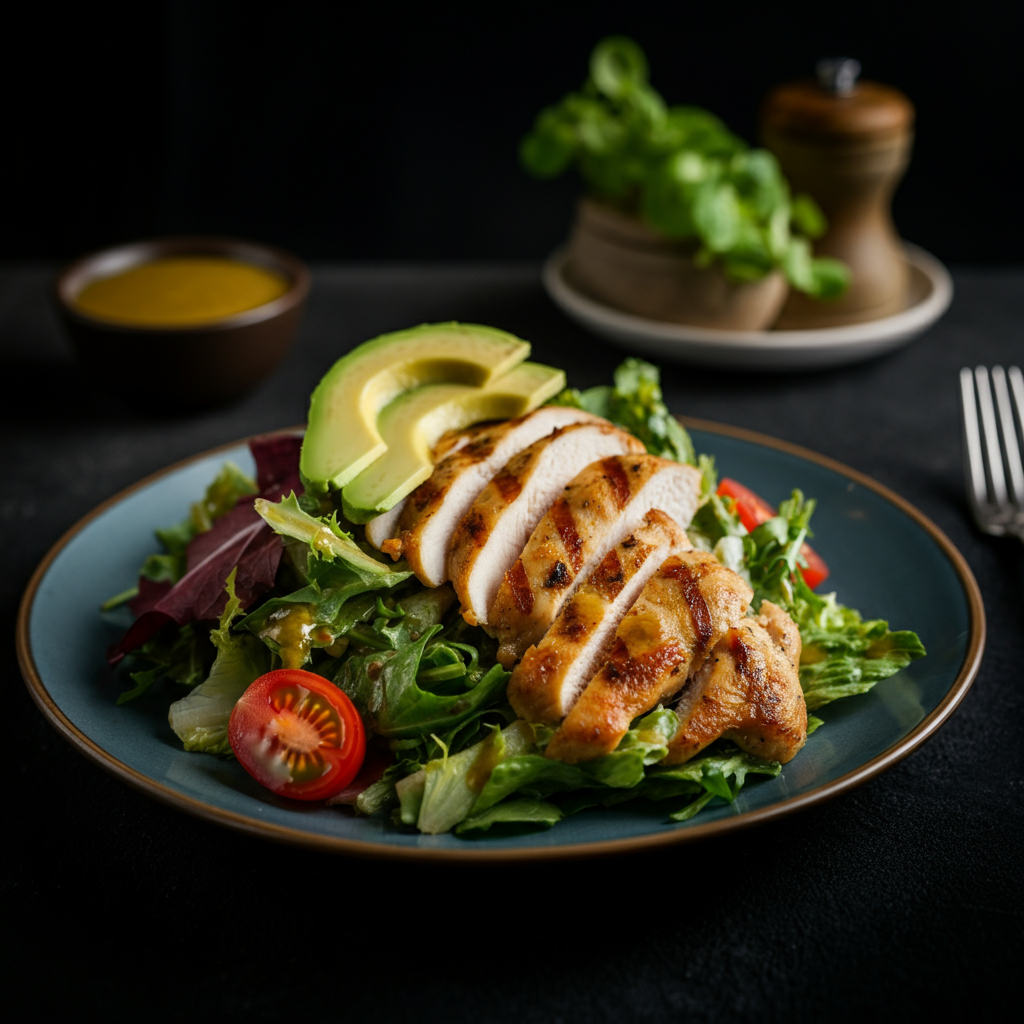 A beautifully plated salad with grilled chicken, mixed greens, cherry tomatoes, avocado slices, and a light vinaigrette dressing, shot from a high angle with shallow depth of field.