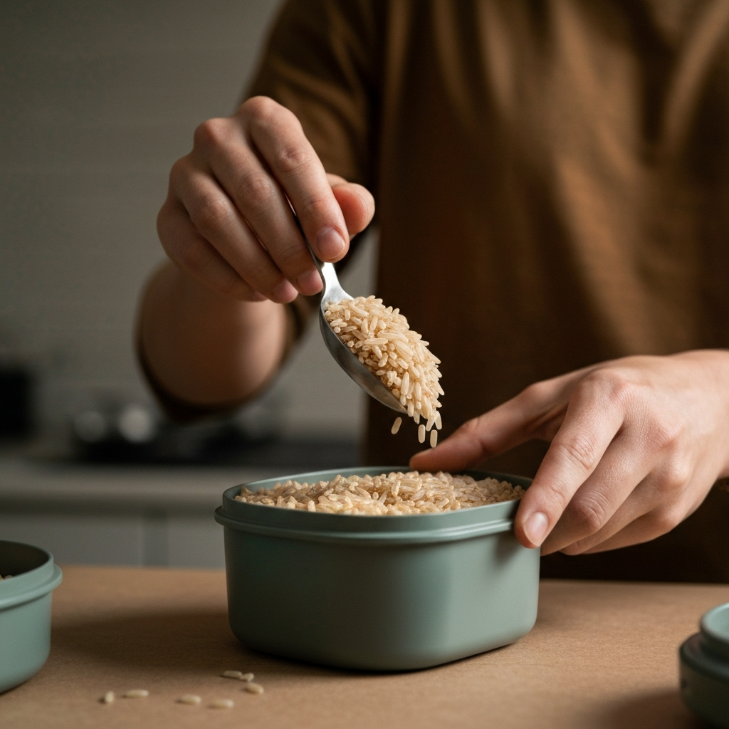 A hand carefully scooping a portion of brown rice into a reusable container, photographed from a close-up angle with a shallow depth of field.