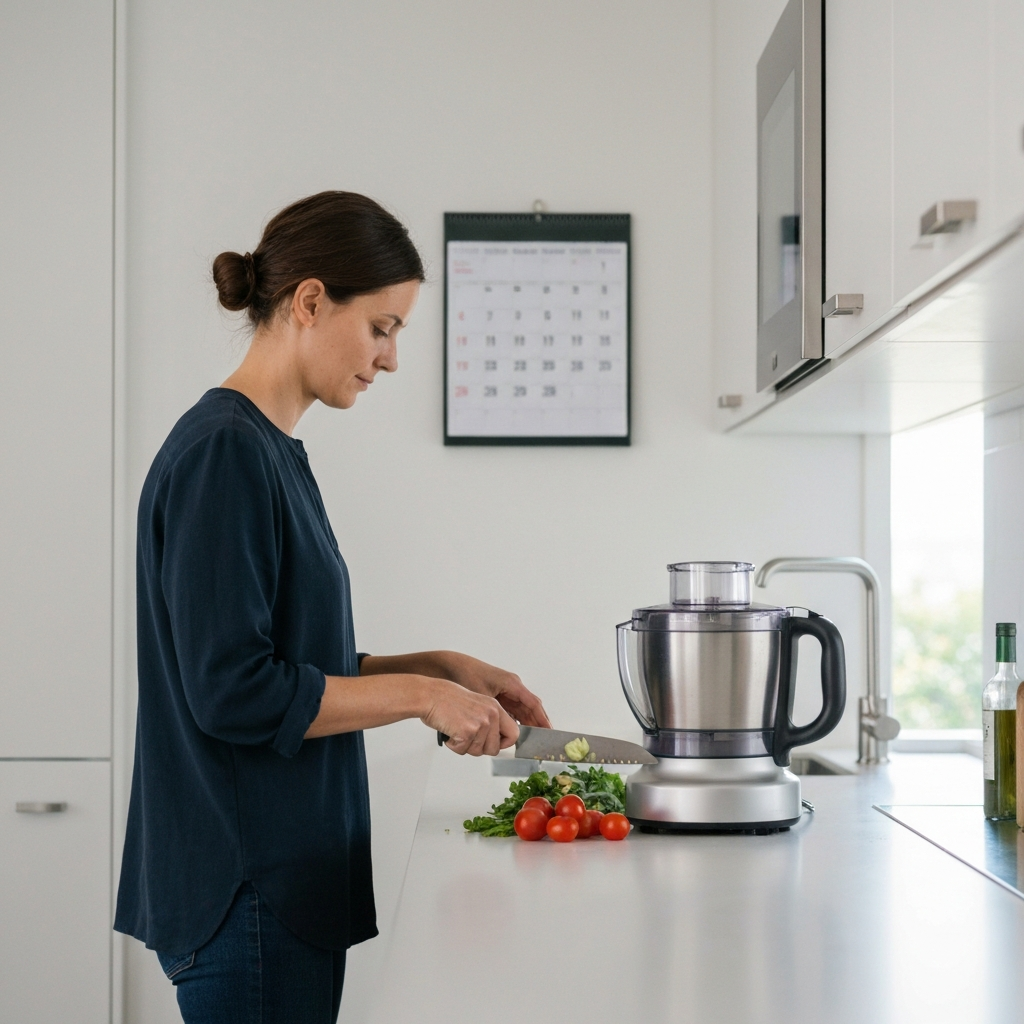A person using a food processor to chop vegetables in a well-lit kitchen, with a blurred calendar hanging on the wall in the background.
