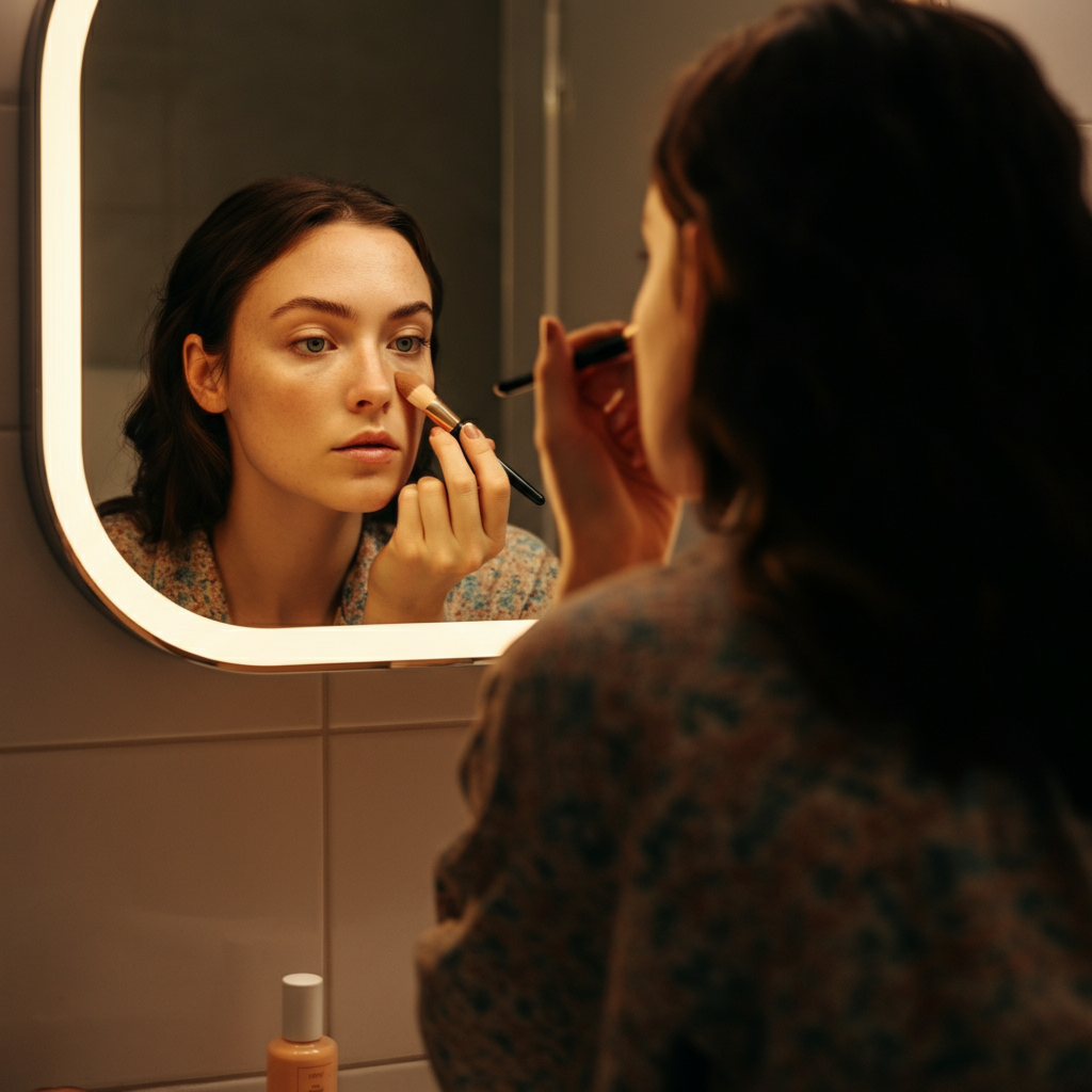A softly lit bathroom mirror reflects a young woman applying makeup. The focus is on the texture of her skin and the clean lines of the mirror frame. Warm, diffused light creates a comforting atmosphere.